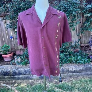 Haggar Burgundy Silk Shirt Button Down Cocktails Short Sleeve Men's Large